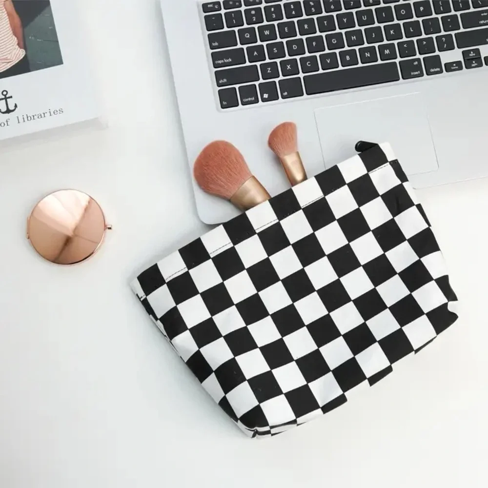 Black White Plaid Makeup Capacity Cosmetics Storage Portable Toiletry Bag goth